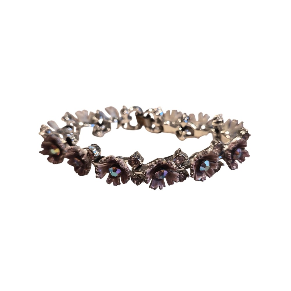 Vintage Lisner Mauve Enamel Flower Aurora Borealis Rhinestone Bracelet 7 Inch